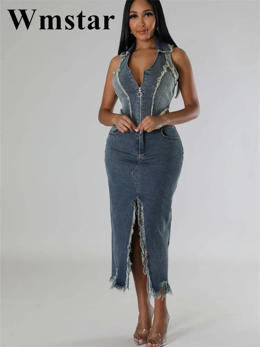 Women Two Piece Set Casual Stretch Denim Summer Sleeveless Turn-down Collar Crop Tops Split Skirts Party Streetwear Suits