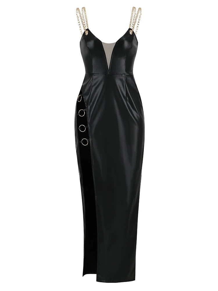 NEW Arrivals Women's Leather Sling Long Dress Sexy Black V-Neck Backless Chain Straps High Split PU Leather Dress Nightclub Party Evening Dresses