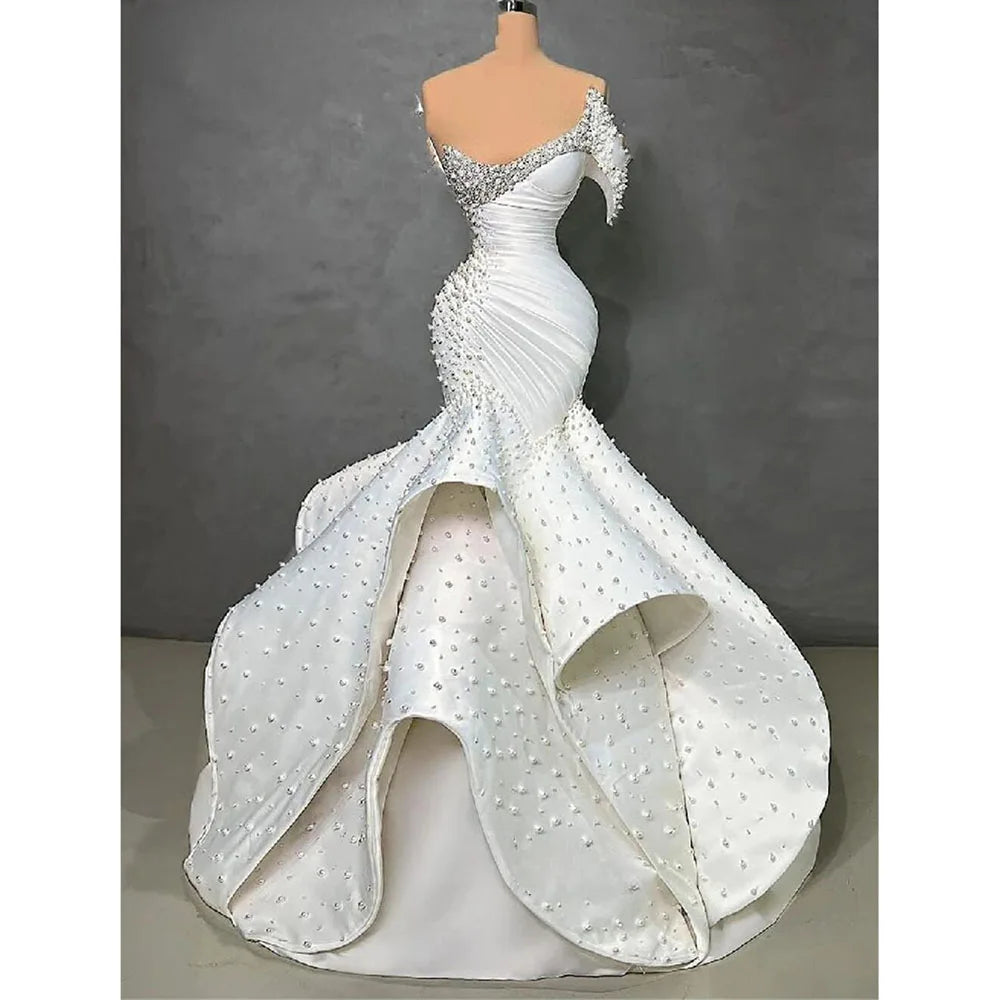 Luxury Mermaid Tiered Prom Dress Custom Made Beaded Pearls Wedding Dress For Women Party Arabic Dubai Mermaid Evening Dress