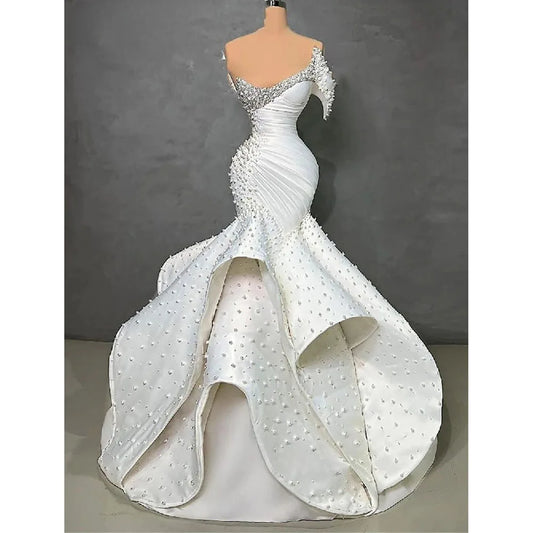 Luxury Mermaid Tiered Prom Dress Custom Made Beaded Pearls Wedding Dress For Women Party Arabic Dubai Mermaid Evening Dress