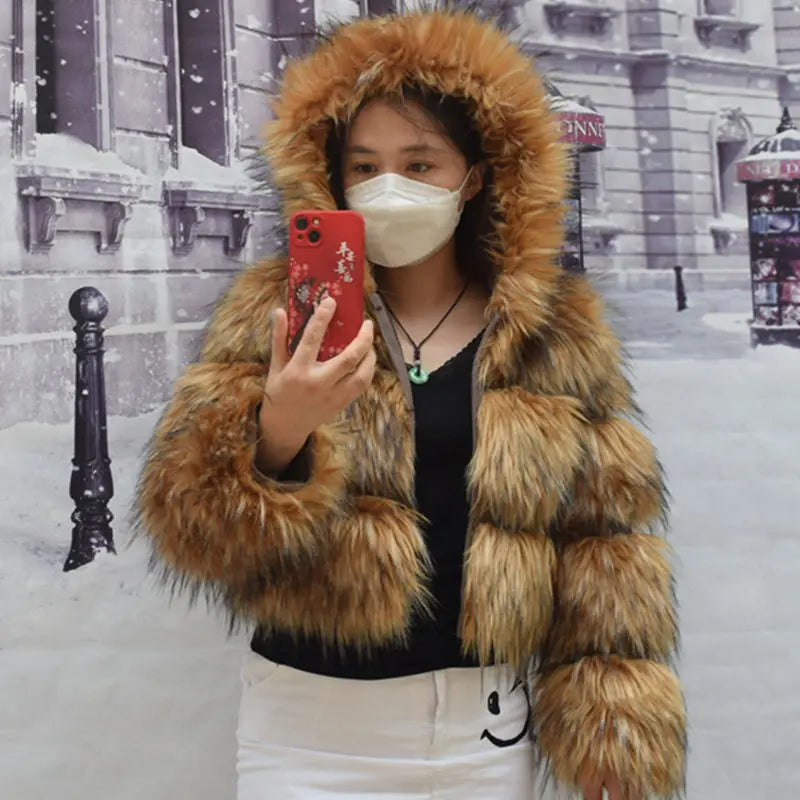 NEW HOT SALE XS-5XL Luxury Raccoon Faux Fur with Hood Coat Women's Jacket Winter Warm Snow Clothes Supplies Fashion Warm Thick Fox Raccoon Leather Brown Cold Coat Female Girls Luxury Fashion Clothing Products