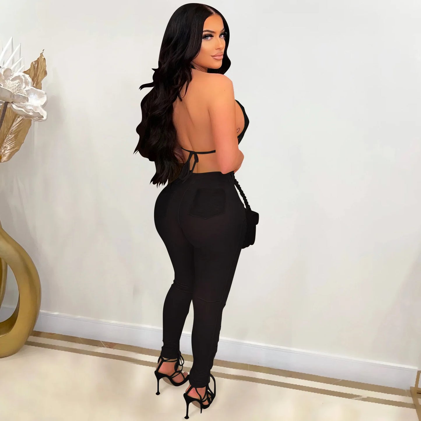 NEW 2 PCS Set  Fashion Women's Sexy Solid Color Mesh Perspective Hollow Sleeveless Tank Top Pants Sexy Evening Party Night Clubwear See Through Suit