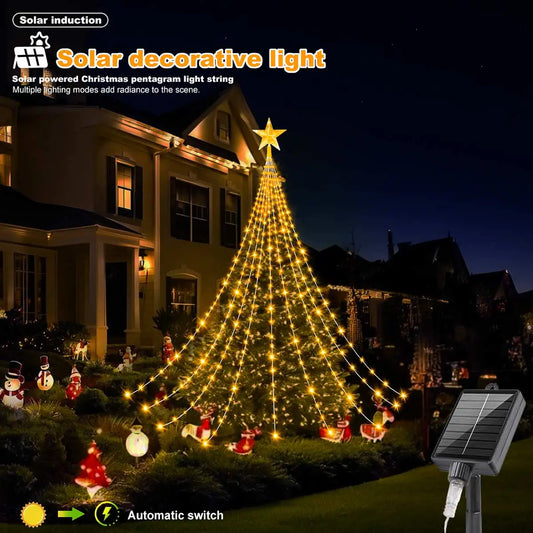 NEW Solar Christmas Decoration Star String Lights 3M 8 Modes Waterfall Christmas Tree Fairy Lights for Outdoor Wedding Holiday