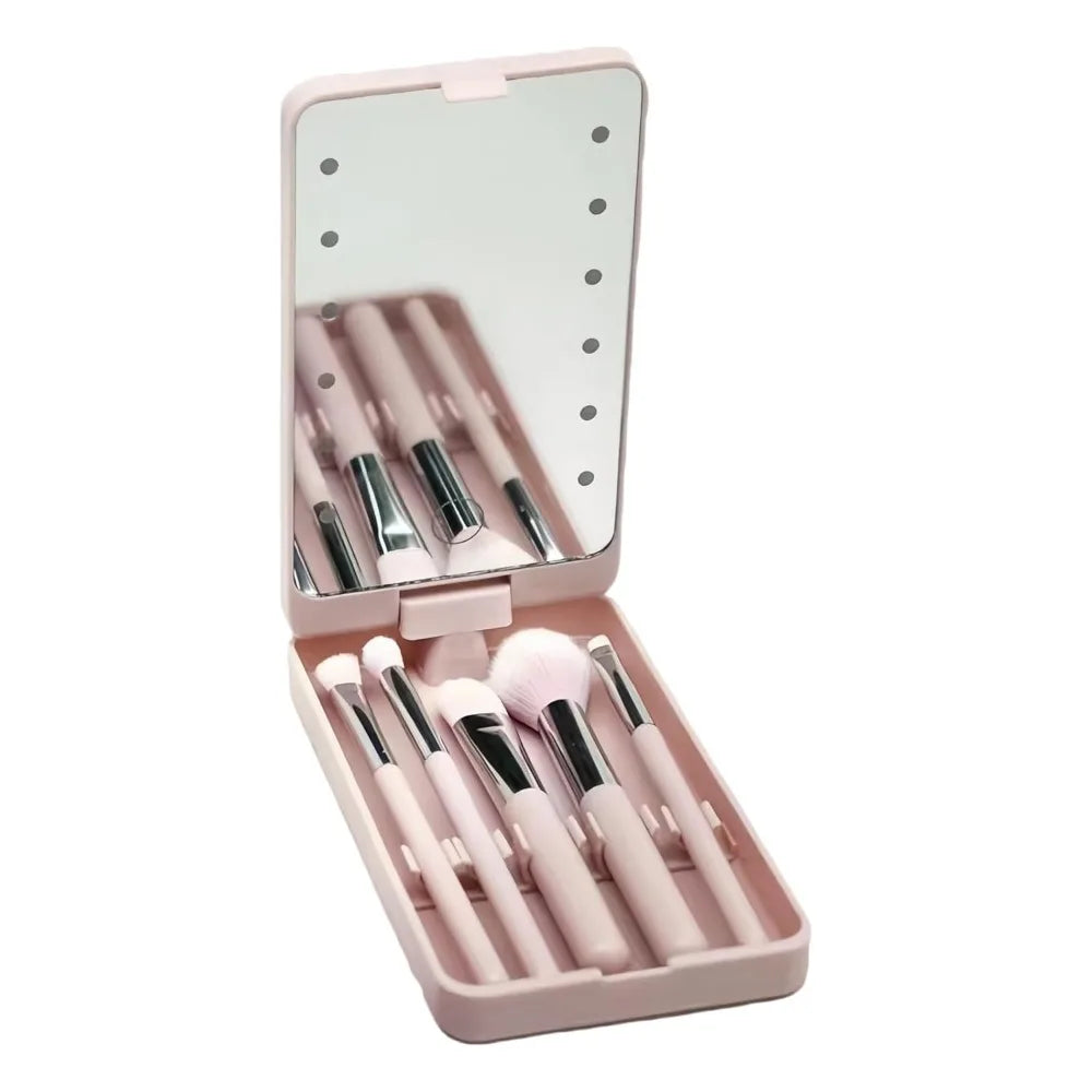 NEW Rotatable Mirror Travel Make-Up Brush with LED Light Adjustable Brightness with 5pcs Brush LED Makeup Mirror Brush Set Foldable Women Cosmetic Sets
