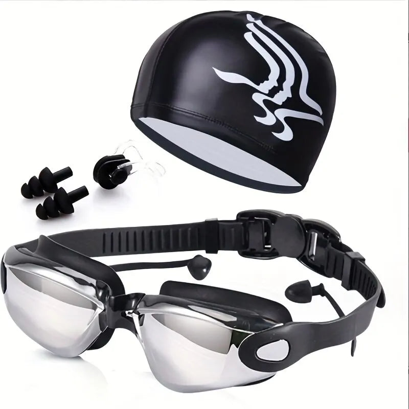 Swimming Goggles with Cap and Earplugs Men's Anti Fog UV Protection Women's and Children's Waterproof Diving Eye Protector