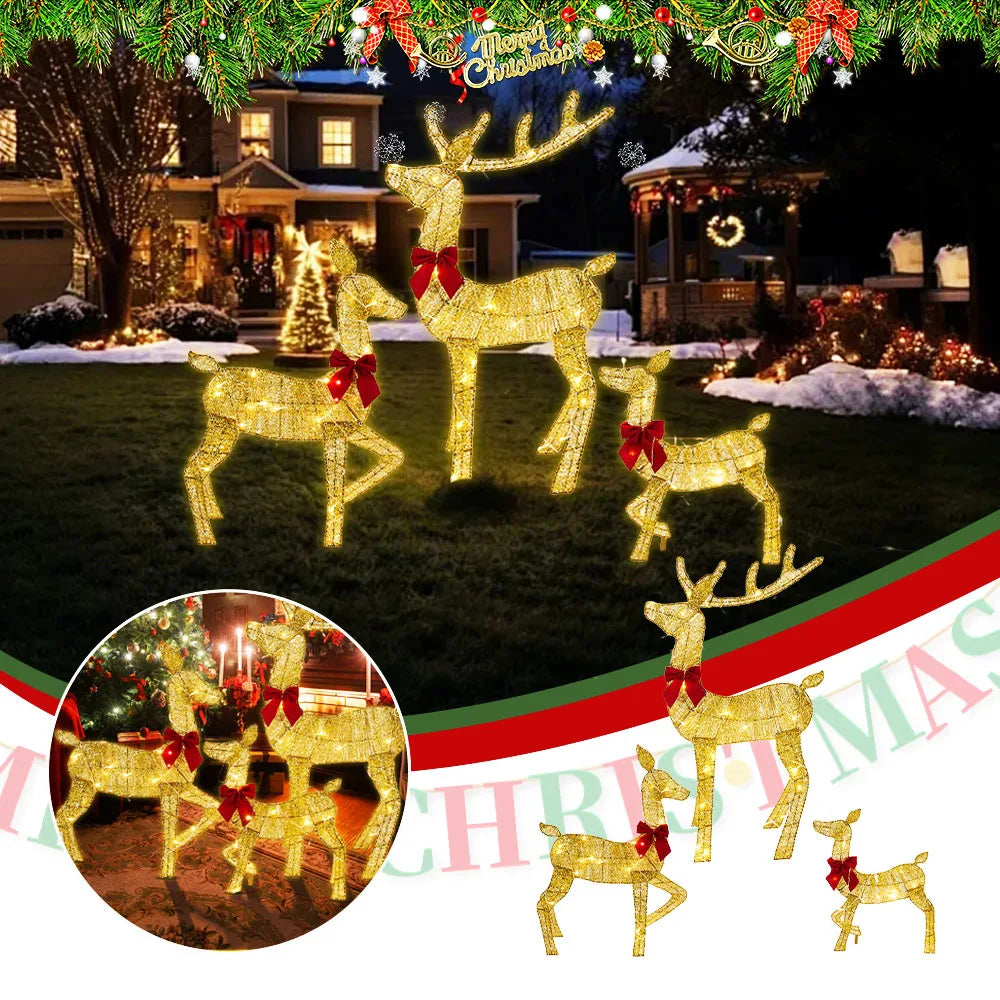 NEW 3PCS Set Lighted Christmas Large Reindeer Water Resistant Light Up Decoration For Garden Glowing Reindeer Outdoor Yard Ornament New Year