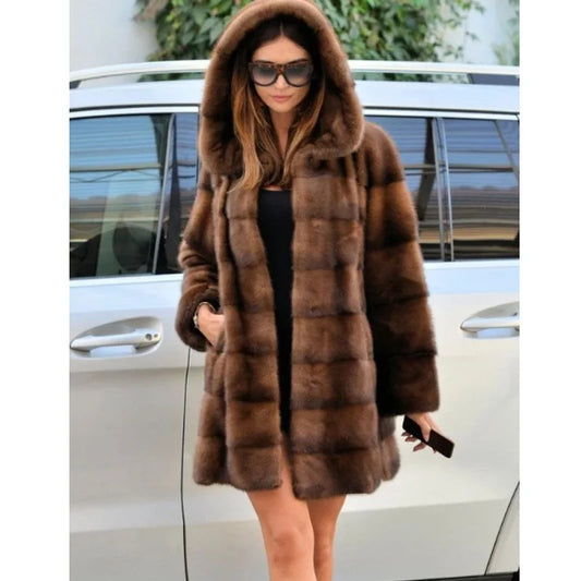 NEW Arrivals UK S-3XL Size Women Faux Fox Fur Mid Length Coats Thick Warm Open Stitch Coat Hooded Full Sleeve Casual Elegant Splice Autumn Winter Warm Outerwear