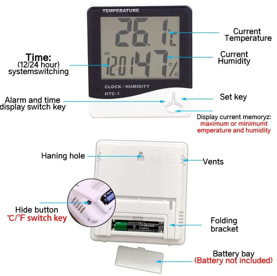 LCD Digital Temperature Humidity Meter HTC-2/HTC-1 Home Indoor Outdoor Garden Hygrometer Thermometer Weather Station with Clock Household Home Supplies