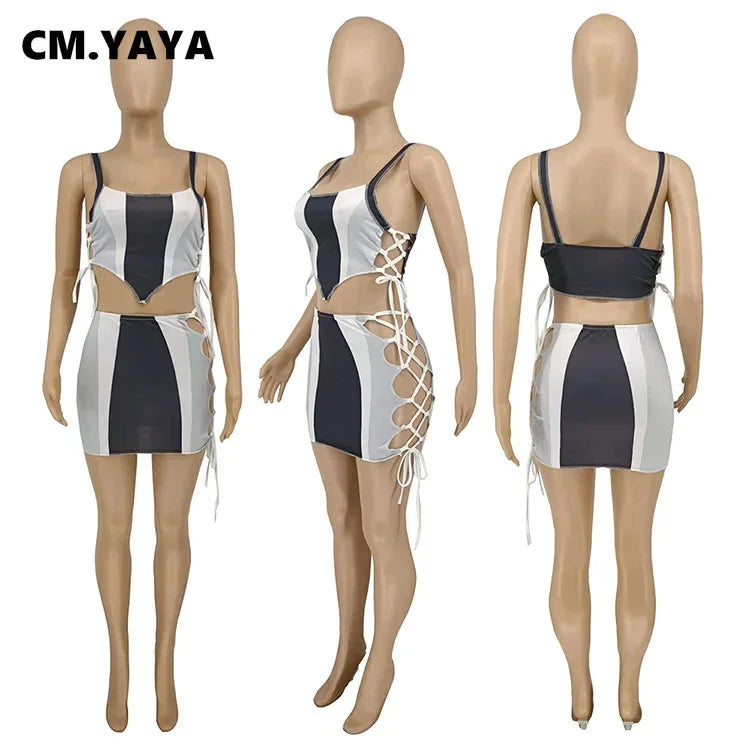 NEW Arrivals 2PCS Set S-2XL Women Set Patchwork Strap Crop Tops Bandage Hollow Out Skinny Mini Skirts Two 2 Piece Sets Tracksuit Sexy Outfit Summer Evening Beach Party Night Clubwear