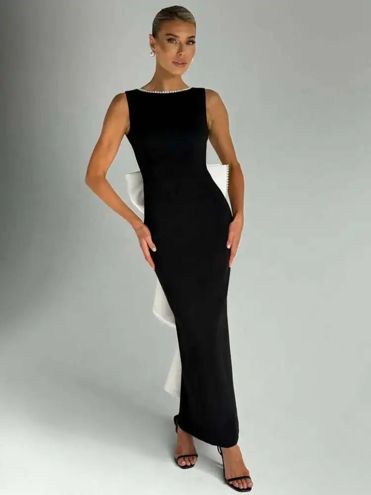 NEW Elegant Pearl Bow Backless Sexy Maxi Dress Women Gown Fashion Sleeveless High Waist A-Line Club Party Long Dress