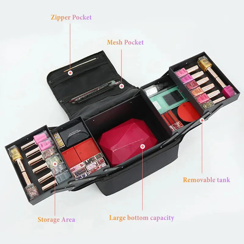 Large Capacity Women's Cosmetics Bag Makeup Case Multi-layer Manicure Hairdressing Suitcase Travel Tool Storage Organizer