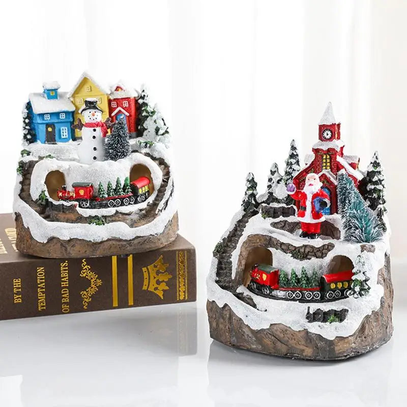 Christmas Luminous Music Snow House LED Rotating Train Lighting  Ornament Crafts Resin Christmas Tree Decorations Xmas New Year Gift