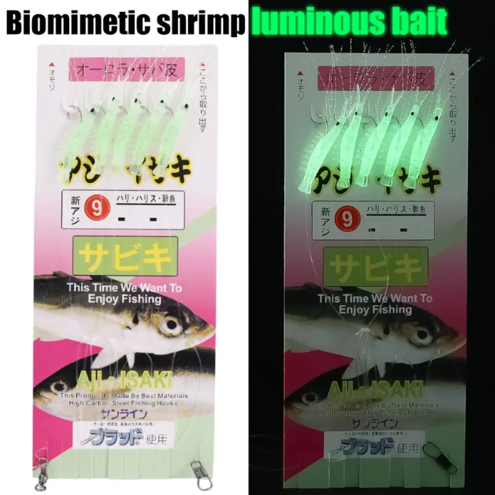Anti-Winding Glowing String Hook Luminous Soft Shrimp Fishing Hook Mackerel Feathers Night Fishing Simulated Fish Skin String Hook Soft Bait For Lake River Sea Boat Fishing Accessories