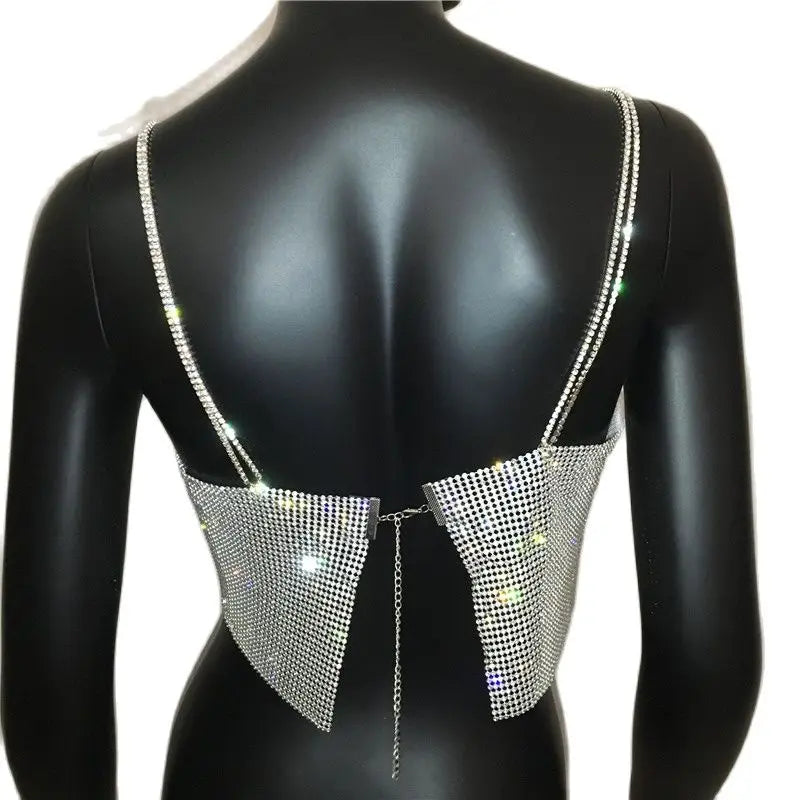 NEW 7 Colors Festival Queen Sequin Shiny Crystal Chain Luxury Tank Top Glitter Metal Mesh Halter Metallic Strap Crop Tops Festival  Party Sexy Women Tops