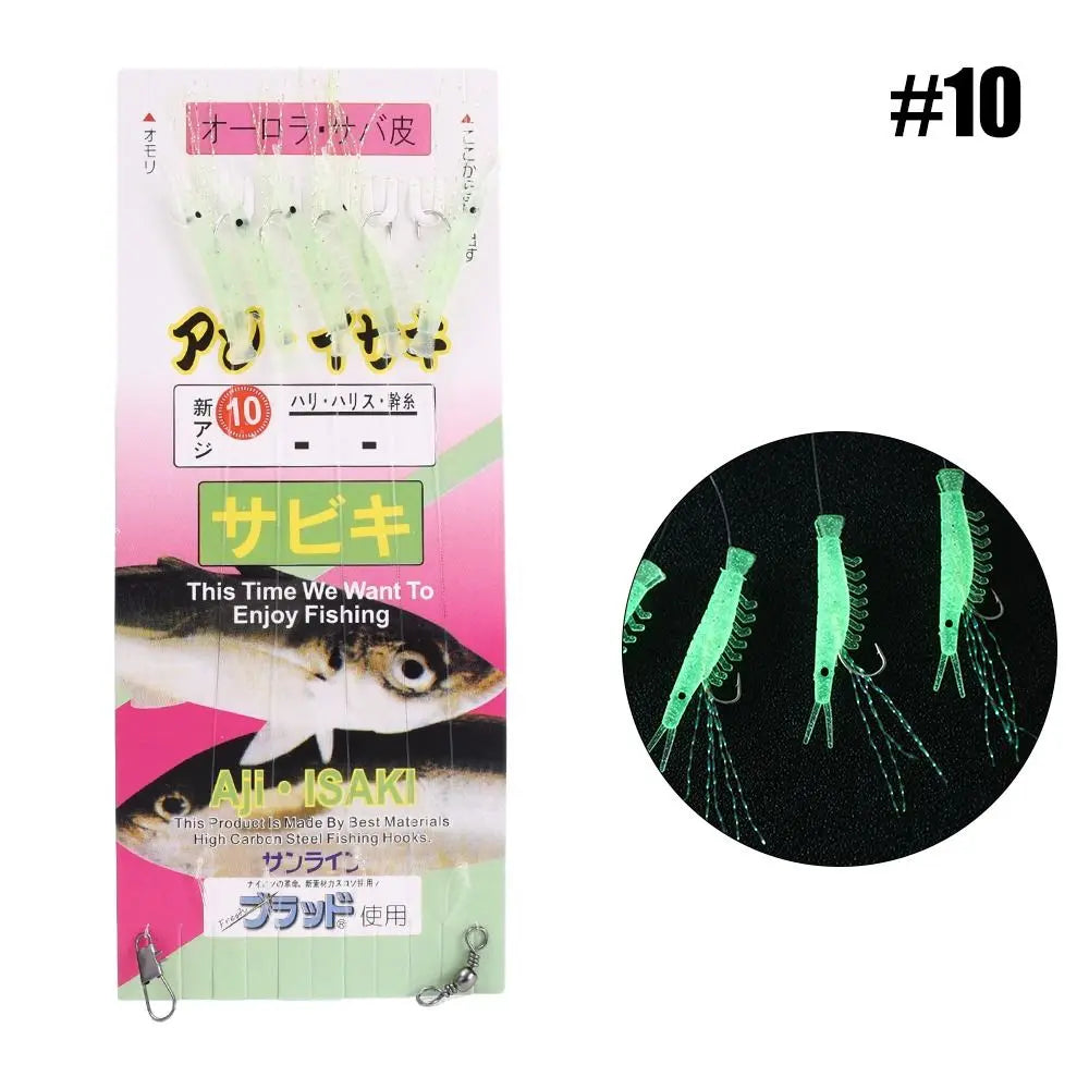 Anti-Winding Glowing String Hook Luminous Soft Shrimp Fishing Hook Mackerel Feathers Night Fishing Simulated Fish Skin String Hook Soft Bait For Lake River Sea Boat Fishing Accessories