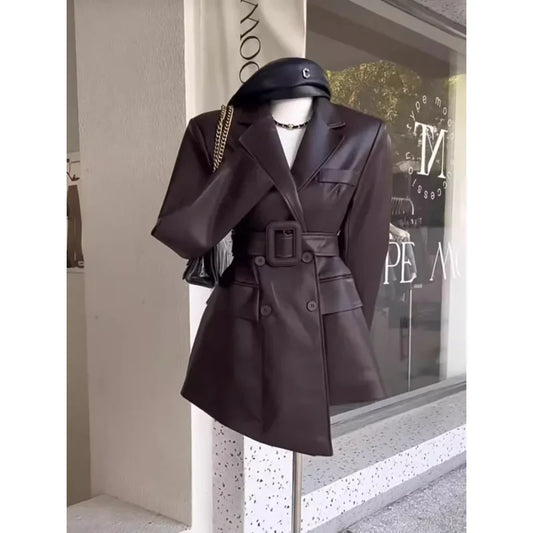 NEW Arrivals S-2XL Coffee /Black Vintage Medium-Length Coffee Color Leather Jacket For Women Autumn Trendy Slimming Waist-Fitted V-Neck Leather Coat Ladies Luxury Fashion Clothing Supplies