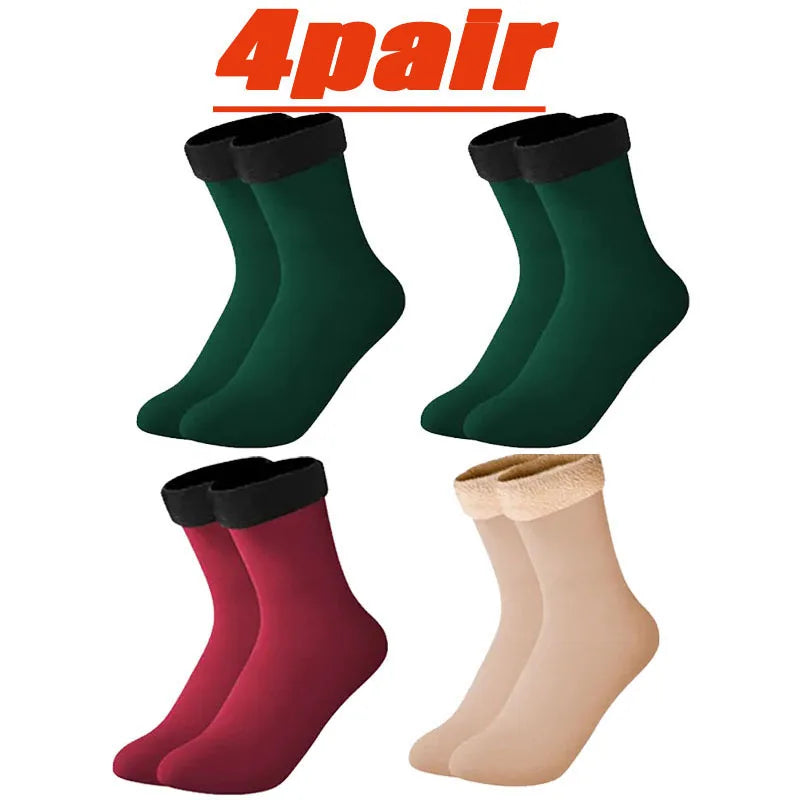 4 Pairs Set Winter Warm Thermal Socks Soft Thicken Plush Socks Solid Color Velvet Wool Snow Boots Floor Socking Outdoor Skiing Snowboard Mountain Hiking Climbing Cycling Socks Sets