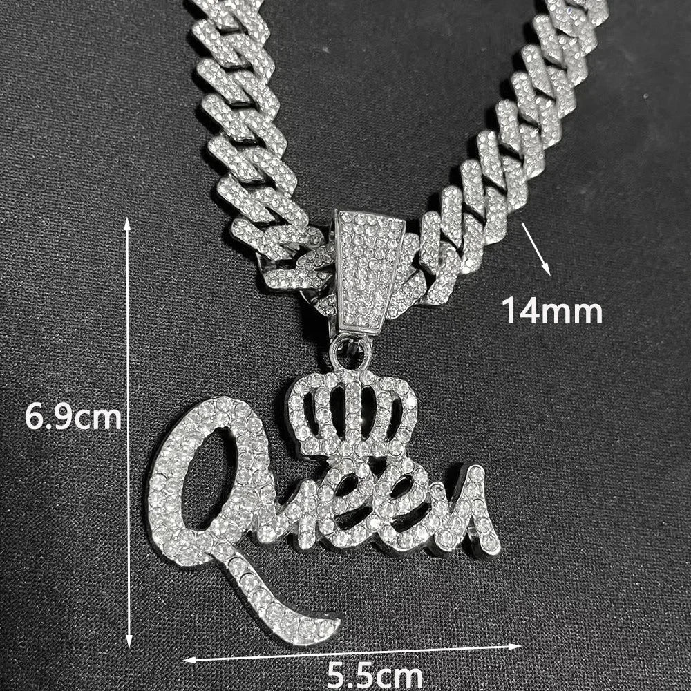 Silver/Gold Color Hip Hop Queen Letter Pendant Cuban Chain Necklace Fashionable Trendy Brand Diamond Embedded Jewelry Accessory