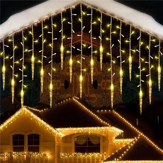 Christmas LED Icicle Fairy Lights with 16 Drops 8 Modes Window Curtain Light Indoor Outdoor Garden Wedding Party String Lights New Year Eve Decoration Supplies