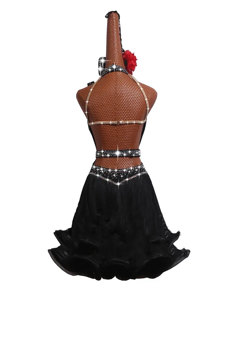 Adults/Children XXXS-2XL 5PCS Set Latin Dance Competition Dress New Performance Dress High-grade Black  Sexy Fishbone Curling Skirt-Dresses