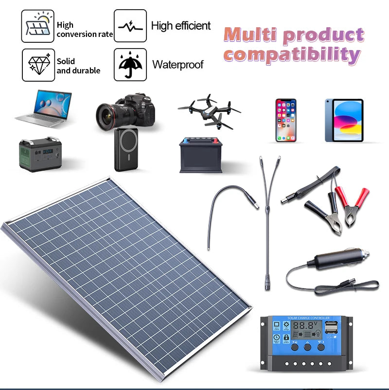 1000W 12V Photovoltaic Solar Panel Power Bank Kit Fast Battery Charger 20W/H 100A Controller Solar Plate for Home Camping RV Car