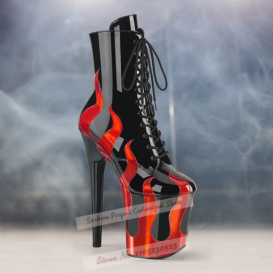 NEW Arrivals Sky High 20cm Handmade Stiletto High Heels Pole Dancing Stripper Shoes Hologram Iridescent Red Fire Shaped Patchwork Ankle Boots Platform Lace-Up Shoes