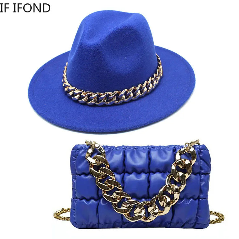 Women Oversized Chain Accessory Bag And Fedoras Hat 2-piece Sets Fashion Luxury Party Wedding Jazz Hat