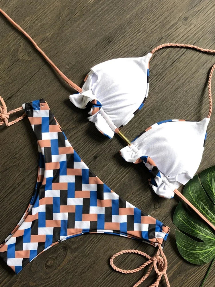 Striped Bikini Set Knotted Swimsuit Women Biquinis Beach Sexy Thong Swimwear Bandage Brazilian Mirco Bikinis