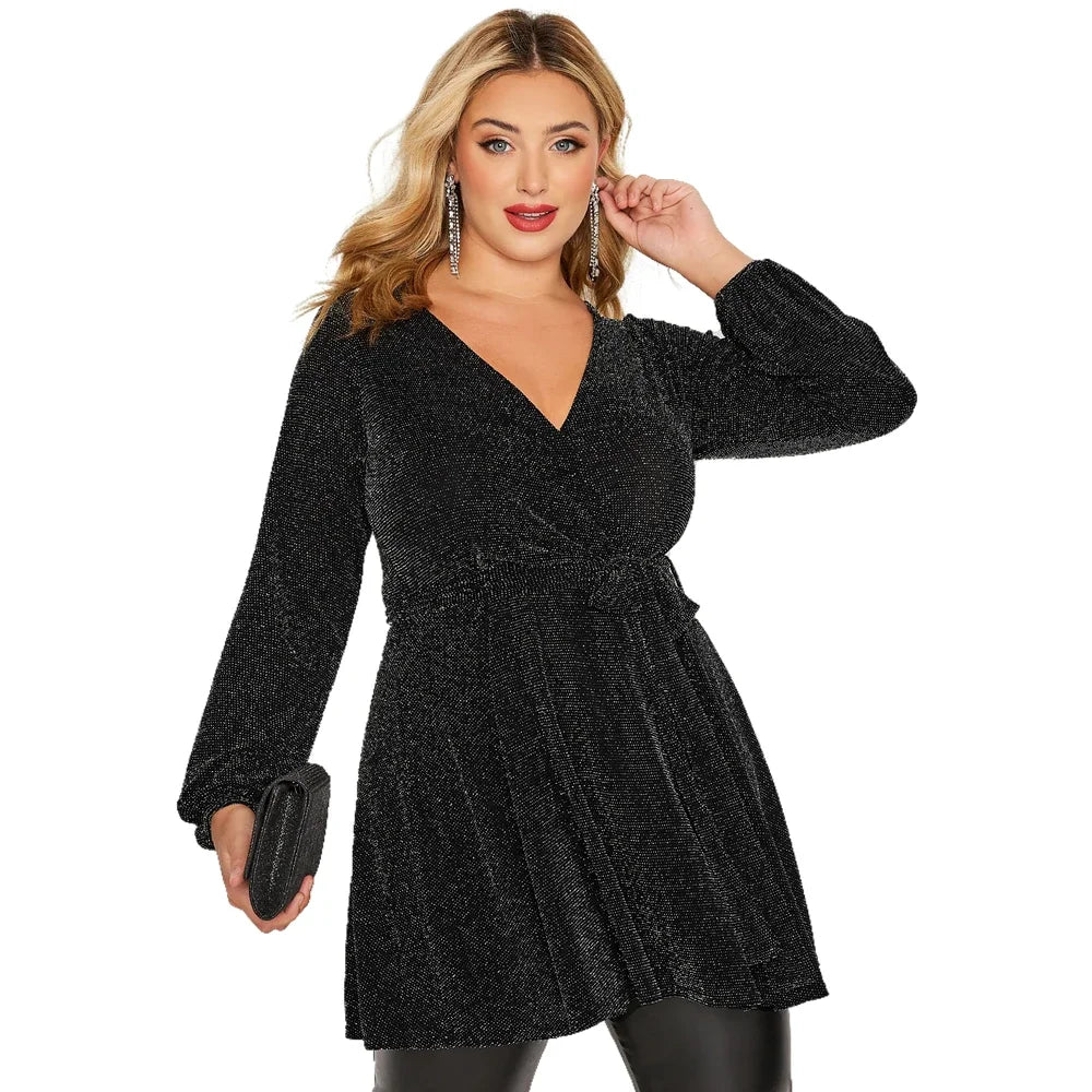 2XL-8XL UK Plus Size For Curvy Ladies Elegant Spring Autumn Wrap Top Women Long Sleeve Sexy V-Neck Black Glitter Blouse Sashes Waist Plus Size Clothing