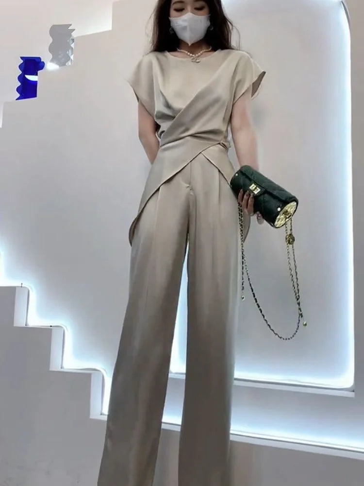 NEW Arrivals 2PCS Set M-3XL UK Size Luxury Trousers + Tops Chubby Woman Wide Leg Formal Satin Pant Sets for Women Sexy Silk Business Classy Outfit Ladies Luxury Fashion Apparel Supplies