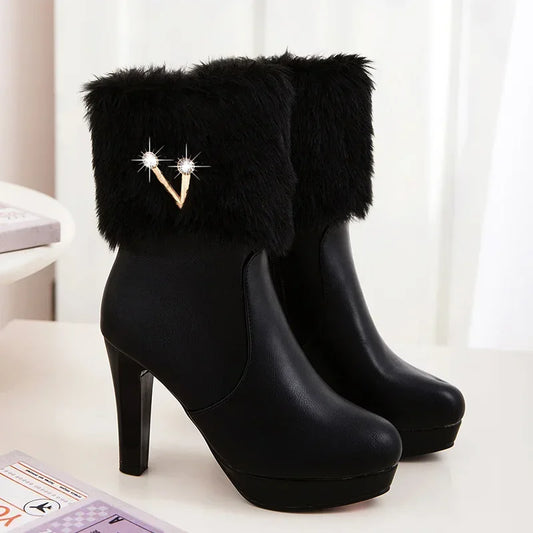NEW Arrivals Luxury Snow Raccoon Fur Boots Women Autumn Winter New Fur Round Head Zipper Crystal Thick Heel High Heels Short Tube Boats Ladies Shoes Size 35-43 White/Black/Pink