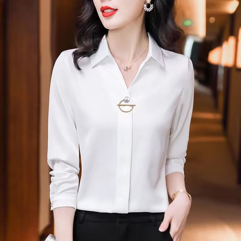 NEW Arrivals S-2XL UK Size White/Dark Green Color Elegant Women Chiffon Blouse New Temperament Turndown Collar Office Lady Shirt Streetwear Casual Solid Color Tops Clothing