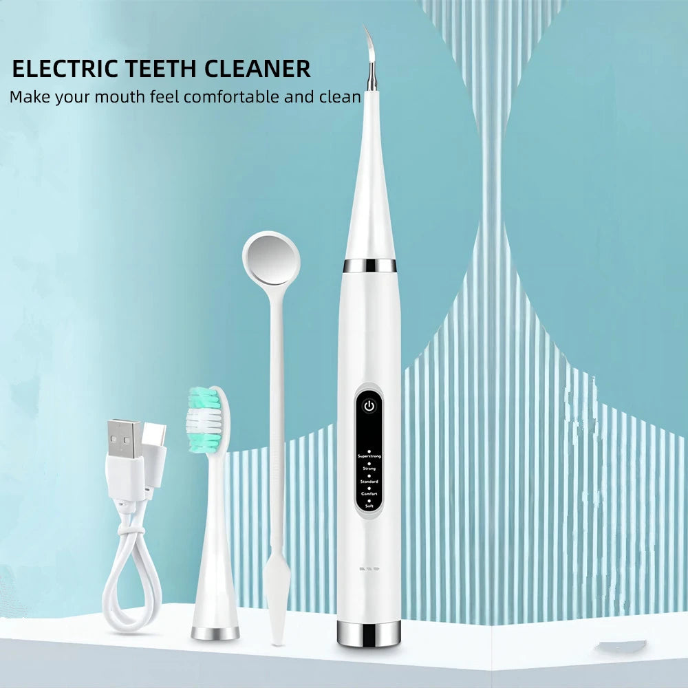 NEW Set Ultrasonic Electric Teeth Cleaner + 10 Heads Household Dental Scaler Tooth Whitening and Cleaning Device IPX6 Waterproof Tartar Calculus Plaque Remove Fresh Breath Oral Hygiene Tools Set