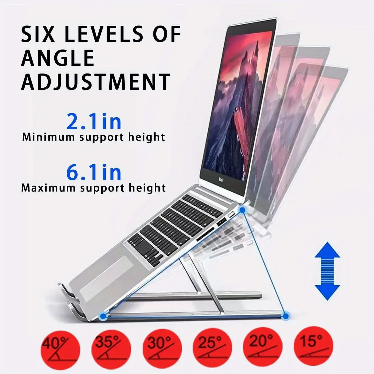 Black/White Color Adjustable Aluminum Laptop Stand - 6-Level Height, Foldable & Portable Design For 8-16” Laptops, Enhanced Ventilation & Heat