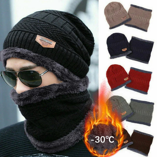 2 PCS Set Red Color Winter Hats Knit Cap Men And Women Velvet Hat Coral Fleece Scarf Outdoor Riding Hat Warm Thickening Plus Velvet Neck Protect Cap