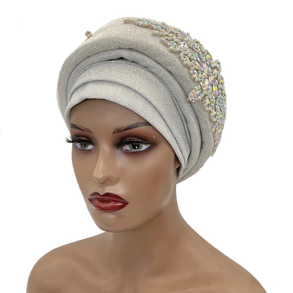 Luxury Rhinestone Turban Hat for Women Glitter African Wrap Head Headgear Nigeria Auto Gele Headtie Turbante Mujer