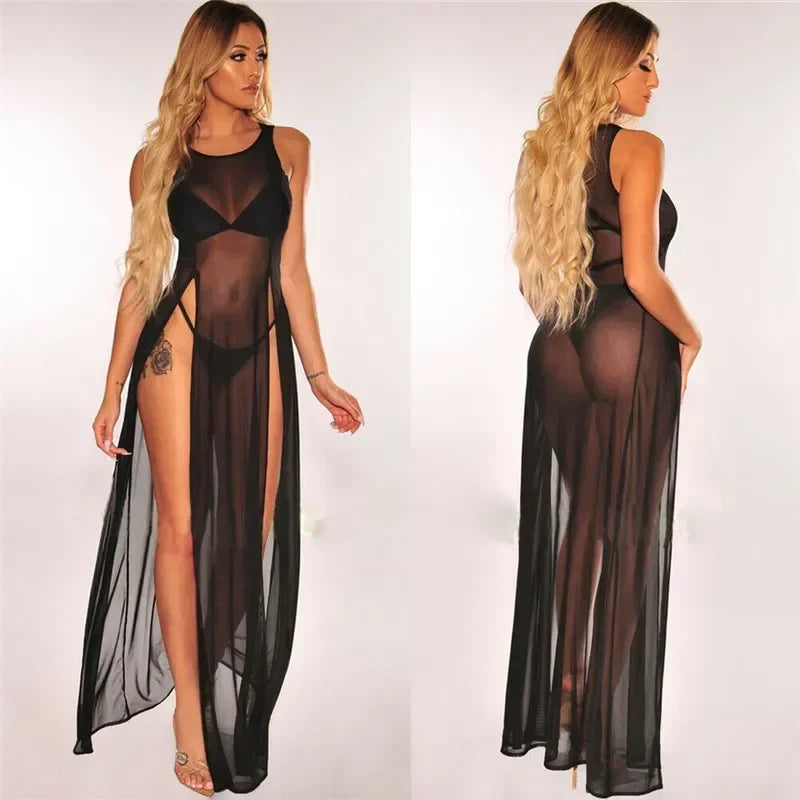 NEW S-XL UK Size  4 Colors Summer Sexy Mesh Sheer Long Dress for Women Bikini Cover Up Beach Sundress Solid See-through Sleeveless Strap Beach Dress