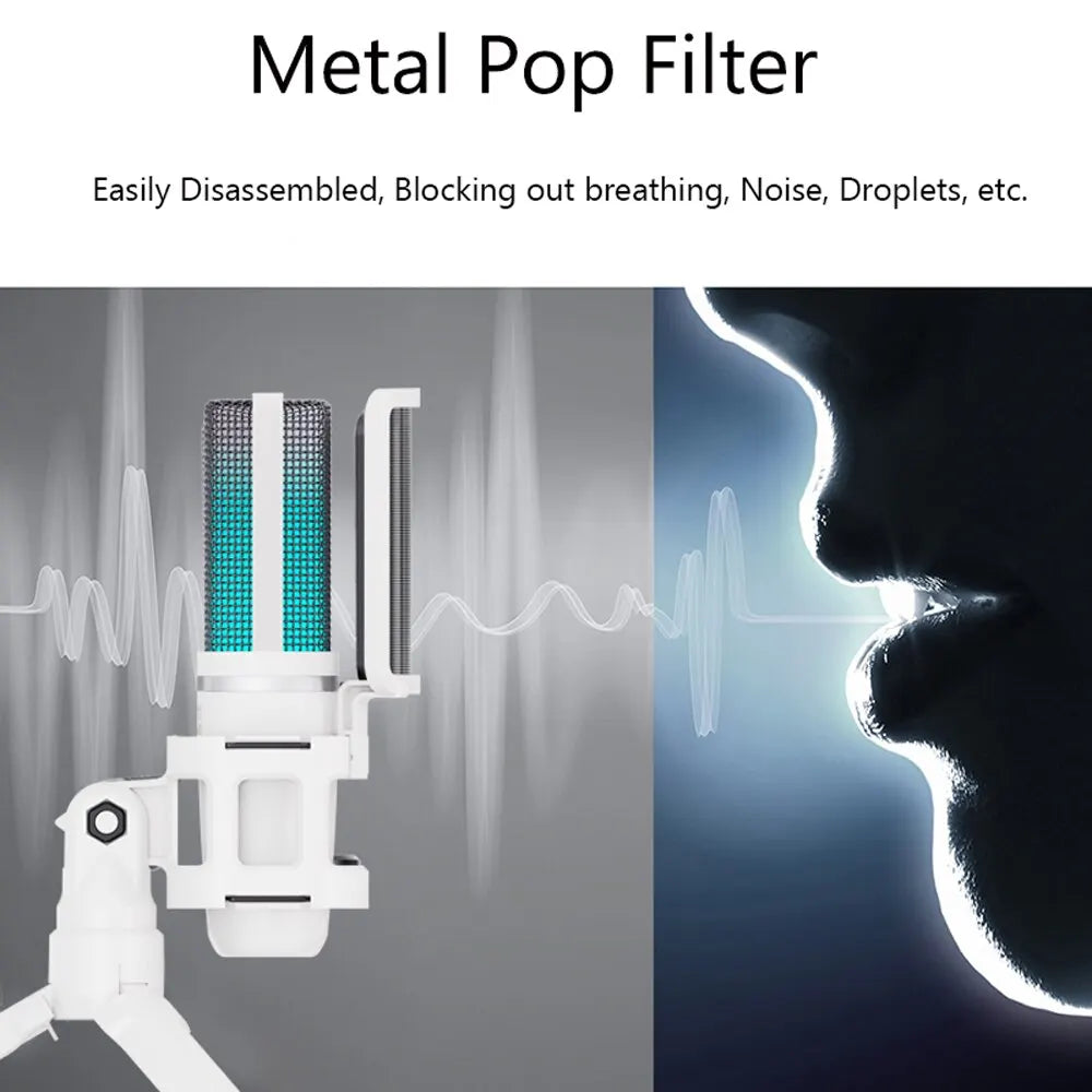 USB Condenser Recording Microphone White RGB Streaming Mic For PC And Mac with Android Phone Adapter Headphone Output
