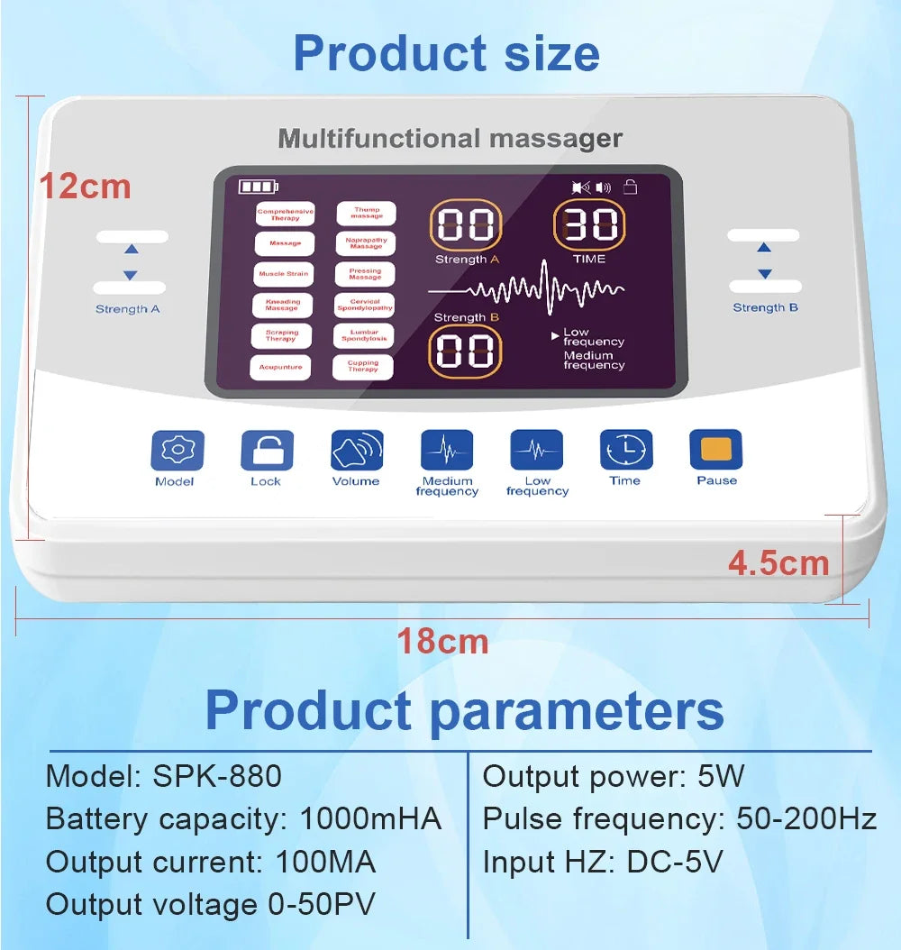 12 Modes + 20 Electrode  Pads Bags Electric Acupuncture EMS Tens Muscle Stimulator 30 Intensities Therapy Pulse Body Massager Electro Health Care Machine