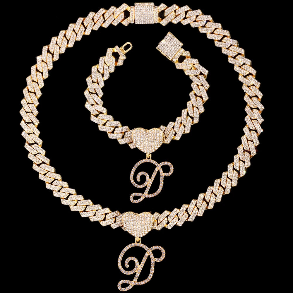2 PCS Set New Fashion A-Z Initial Cursive Letter Luxury Rhinestones Pendant Cuban Necklace for Women Iced Out Cuban Link Chain Necklace Set Jewelry