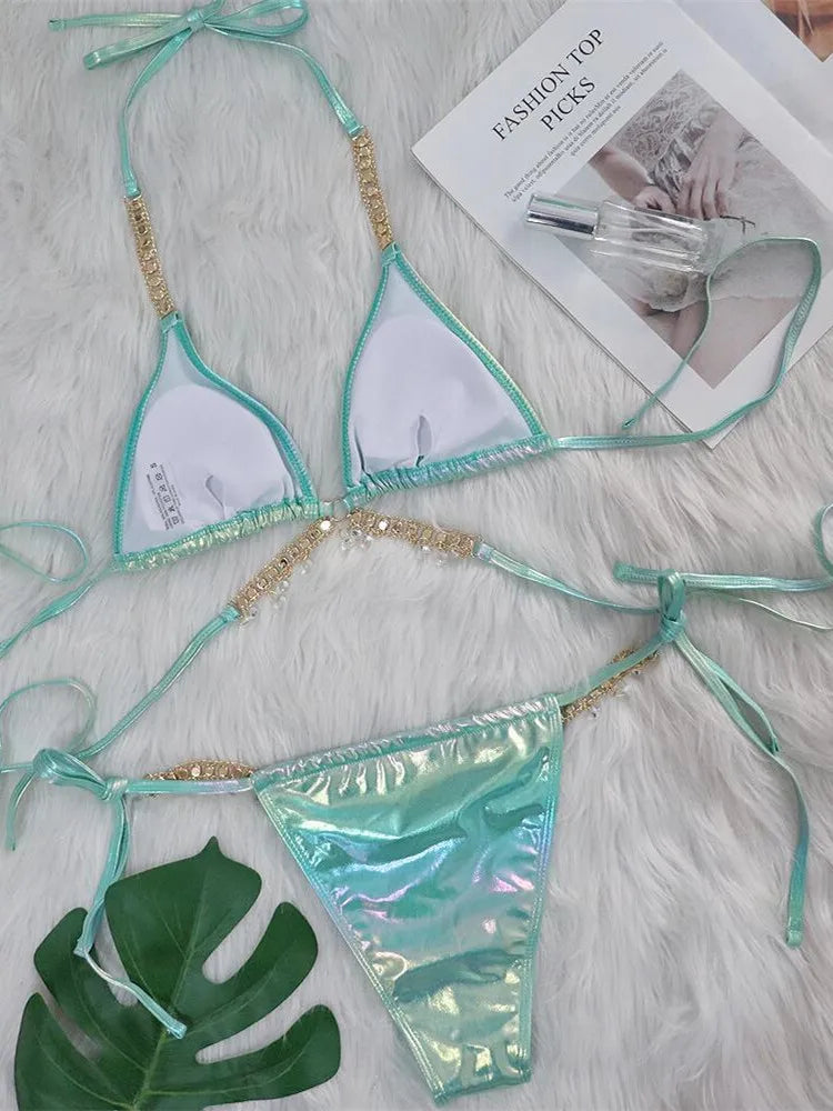 Sexy Pink Brozing Bikini Set Women Luxury Rhinestone Criss Cross Bandage Micro Swimsuit Bathing Suit Diamond Thong Swimwear