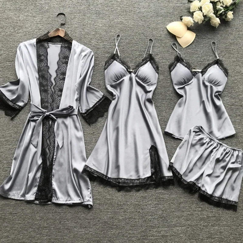 NEW 4PCS Set S-3XL Plus Size 6 Colors Chubby Women's Sexy Lace Pajamas Fashion V-Neck Satin Gown Comfort Pajamas with Chest Pads Nightdress Ladies Luxury Sleepwear Suit