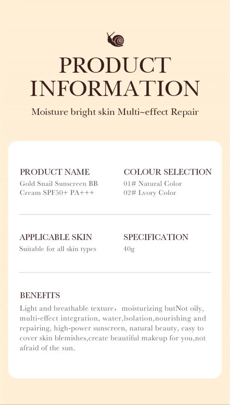 NEW Arrivals Korean Golden Snail Sunscreen BB Cream Waterproof Sunblock Foundation Concealer Isolation Moisturizing BB Cream Make-Up Beach Sun Body Protection