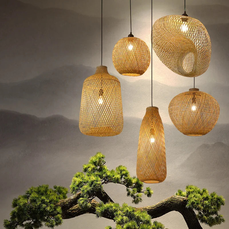 2025 Newest Bamboo Pendant Lamps Ceiling Lights Rattan Wicker Lustre Hand Knit Braiding Suspended Home Dining Braided Decor