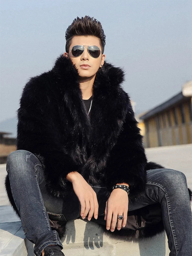 Winter New Men's Long Fox Hair Coat Fashion Handsome Trendy Casual Imitation Fur Thickened Windbreaker Clothes