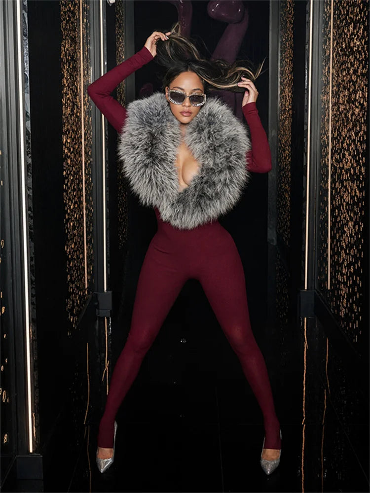 UK Size 4 Colors Furry Deep V-Neck Jumpsuits Woman Hipster Patchwork Trend Sexy Stretch Fitness Club Activity Luxury Midnight Overalls