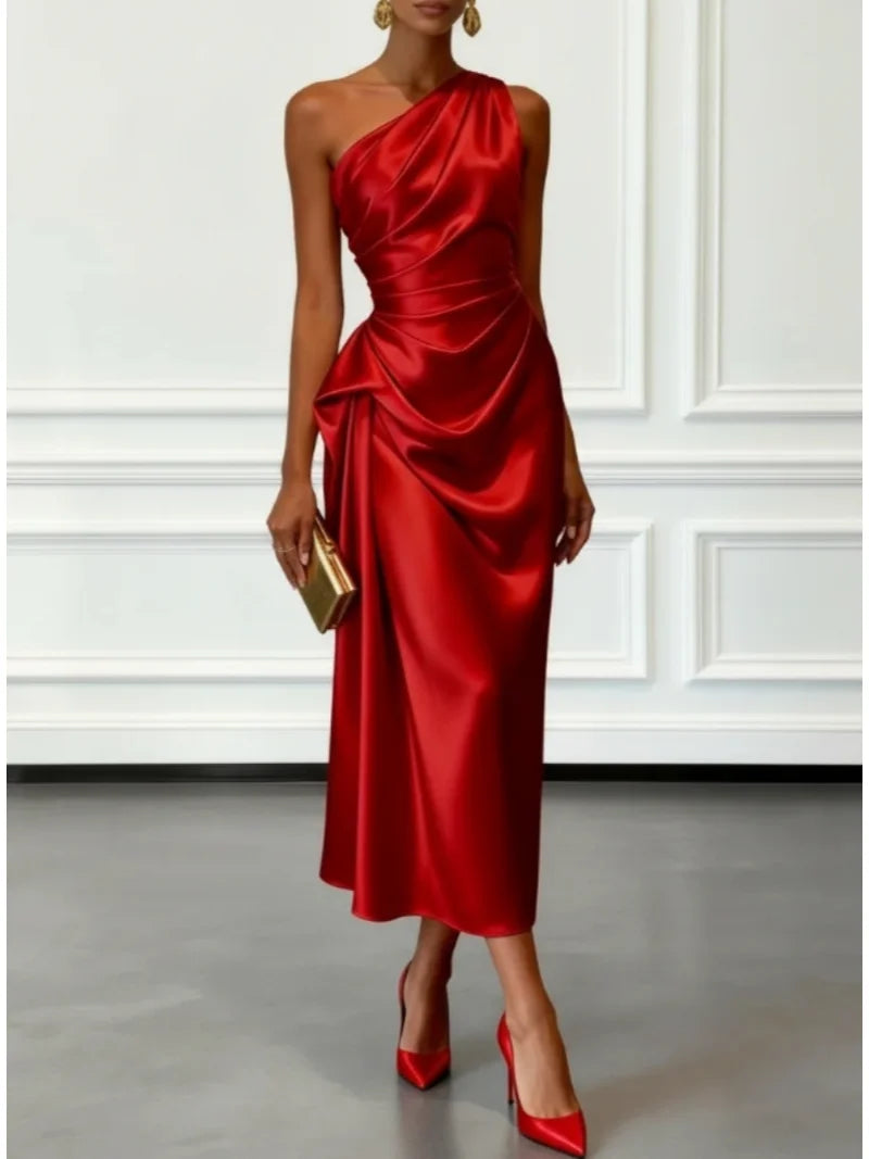 S-2XL UK Size One Shoulder Luxury Satin Midi Dress With Ruched Waist Elegant Sleeveless Evening Wedding Guest Business Party Formal Gown Ladies Outfits.