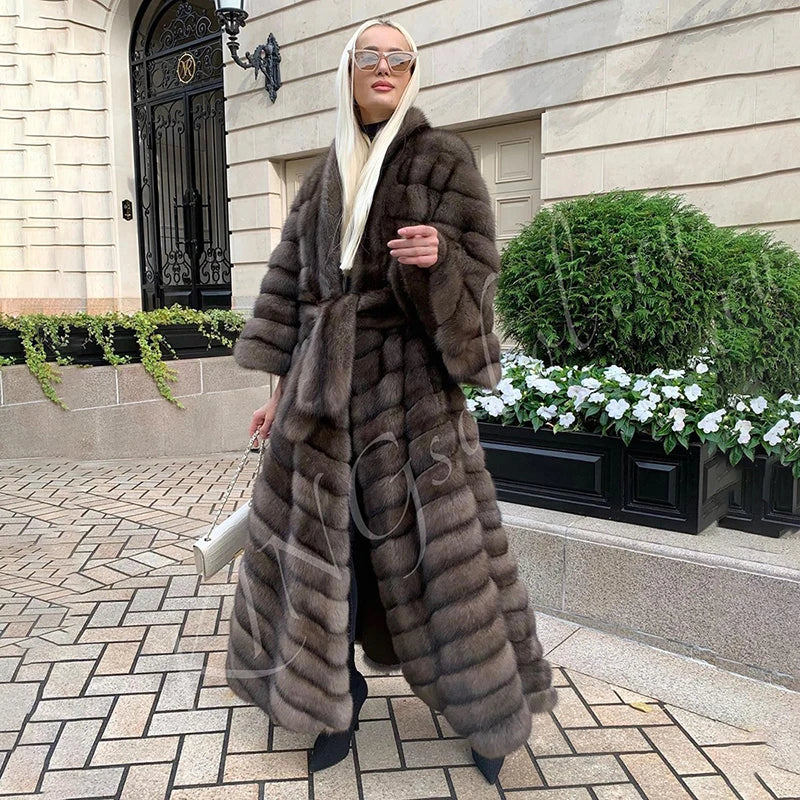 NEW Arrivals Italian Genuine Real Fox Fur Winter Warm Snow Outerwear New Straight Long Sleeve Sable Color Natural Real Fox Fur Coat Evening Party Night Business Dinner Luxury Coat Female Ladies Luxury Fashion Clothing Supplie