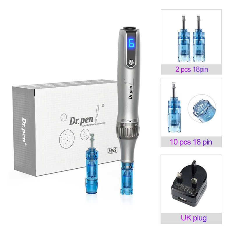 NEW Set Face Eyes Lips Tightening Lifting Rejuvenation Ultima M8S Wireless USB LCD Digital Screen Professional Derma Pen with 12 Needle Microneedle Anti Backflow Micro Pen 0.25 MM Needle Length Ladies Beauty Salon Tools Set S