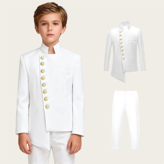 2 PCS Set 3Y-14Y Children Kids' Suit Set: Royal Blue/Black/White Color  Jacket with Gold Buttons & Pants, Wedding Guest Evening Birthday Party Formal Outfit for Boys